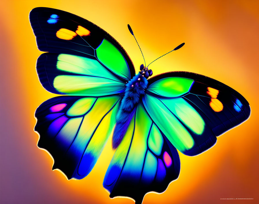 Colorful Butterfly with Blue and Green Wings on Orange Background