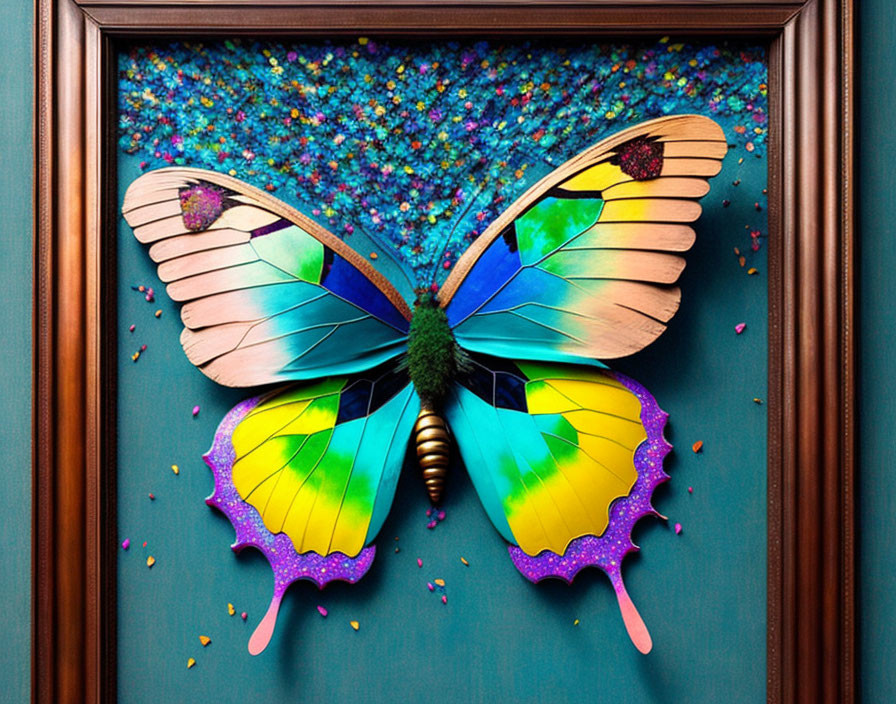 Vibrant 3D butterfly art on canvas with colorful wings and paint splashes