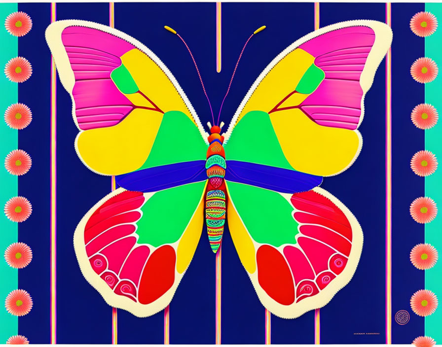 Colorful stylized butterfly art on blue background with pink flowers