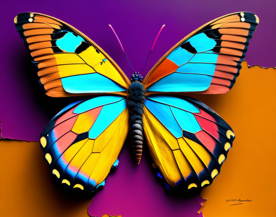 Colorful Butterfly with Symmetrical Blue, Yellow, Orange, and Black Wings on Purple Background