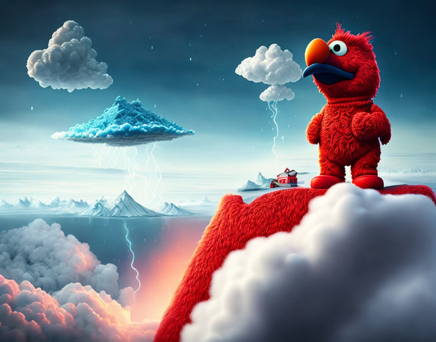 Red furry character on cloud with surreal landscape & tiny house