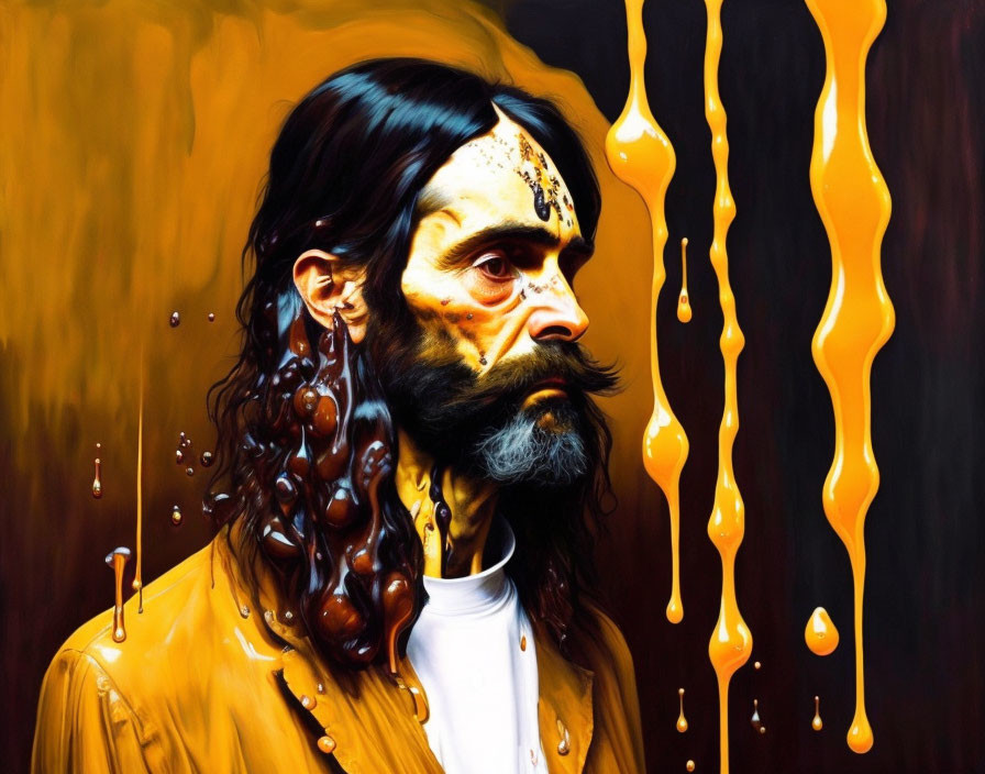 Bearded man with paint dripping on face and jacket in colorful abstract setting