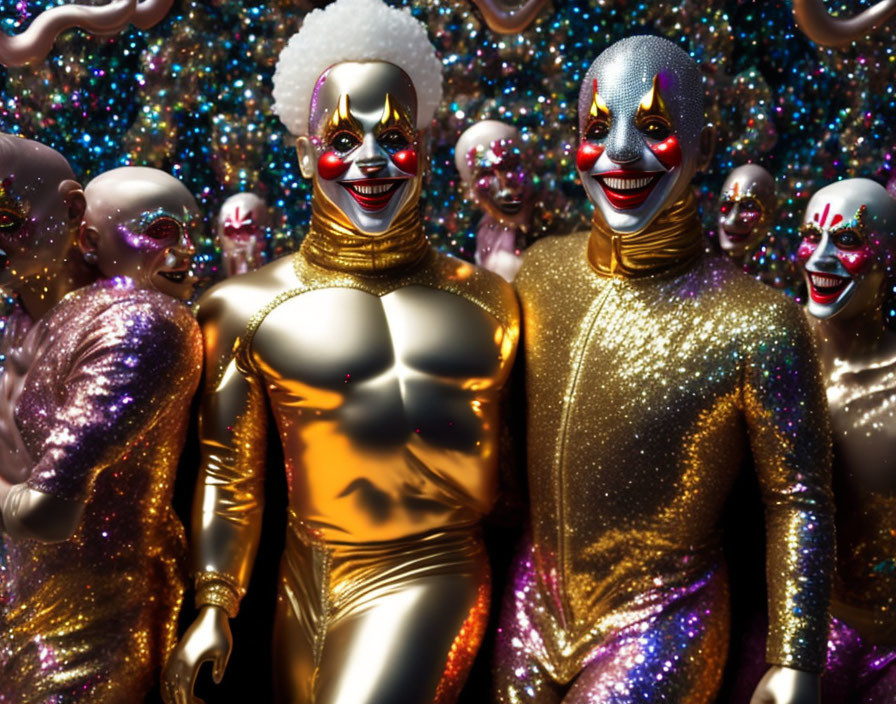 Colorful Clown Masks on People in Shiny Gold Bodysuits