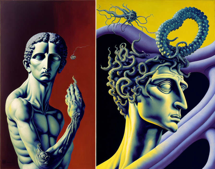 Surreal artwork: Two male figures, one with tentacle head, other holding lit match