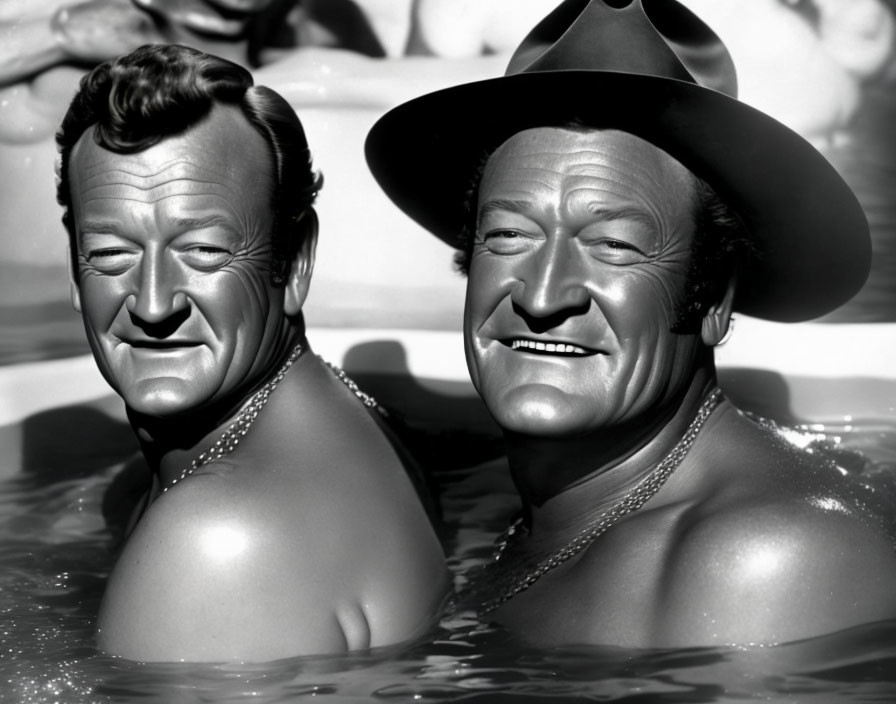 Two men in cowboy hats smiling in hot tub, one tipping hat - black and white photo