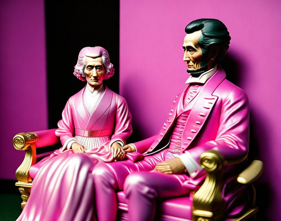 Vibrantly colored statues of historical figures in pink suits on golden chairs