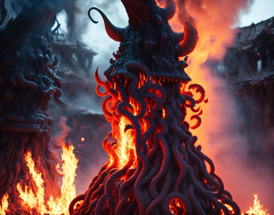 Horned creature with tentacle-like body engulfed in flames