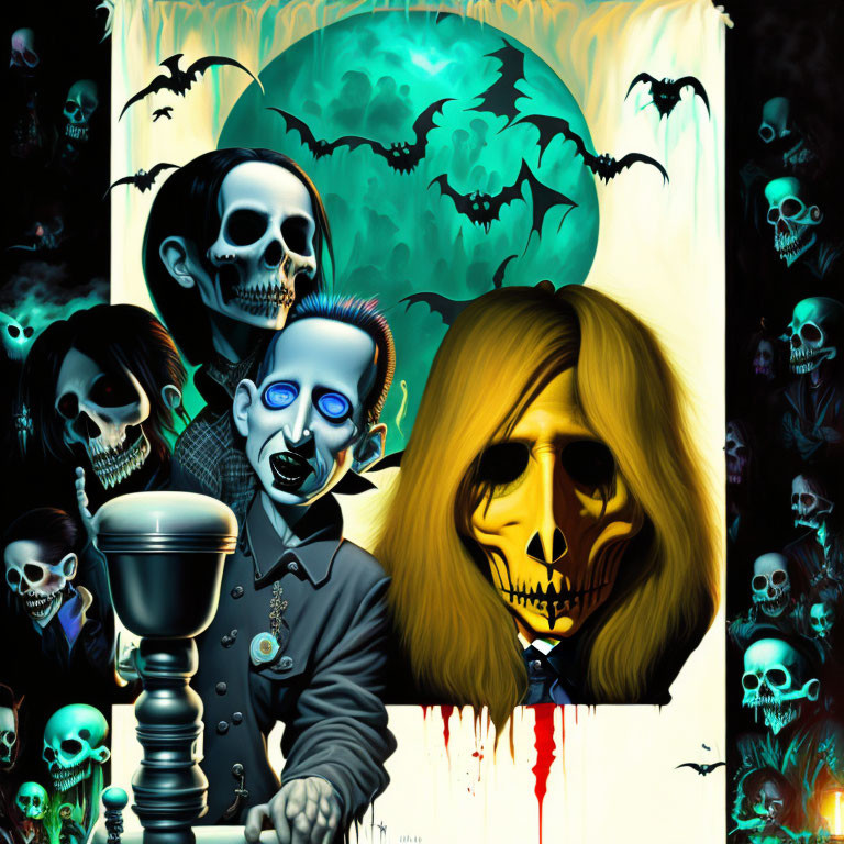 Dark and eerie Halloween-themed illustration with skull-faced figures and bats