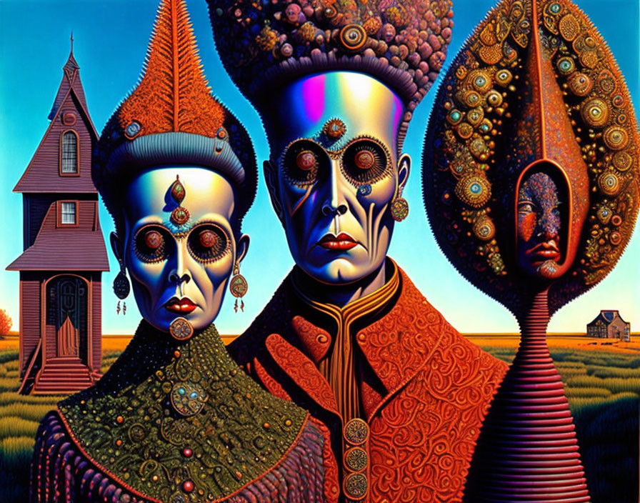 Colorful Surrealist Painting of Three Figures with Elaborate Headpieces in Rural Landscape