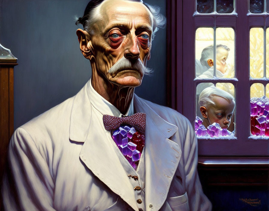 Elderly gentleman in white suit and purple bow tie by window with child's reflection