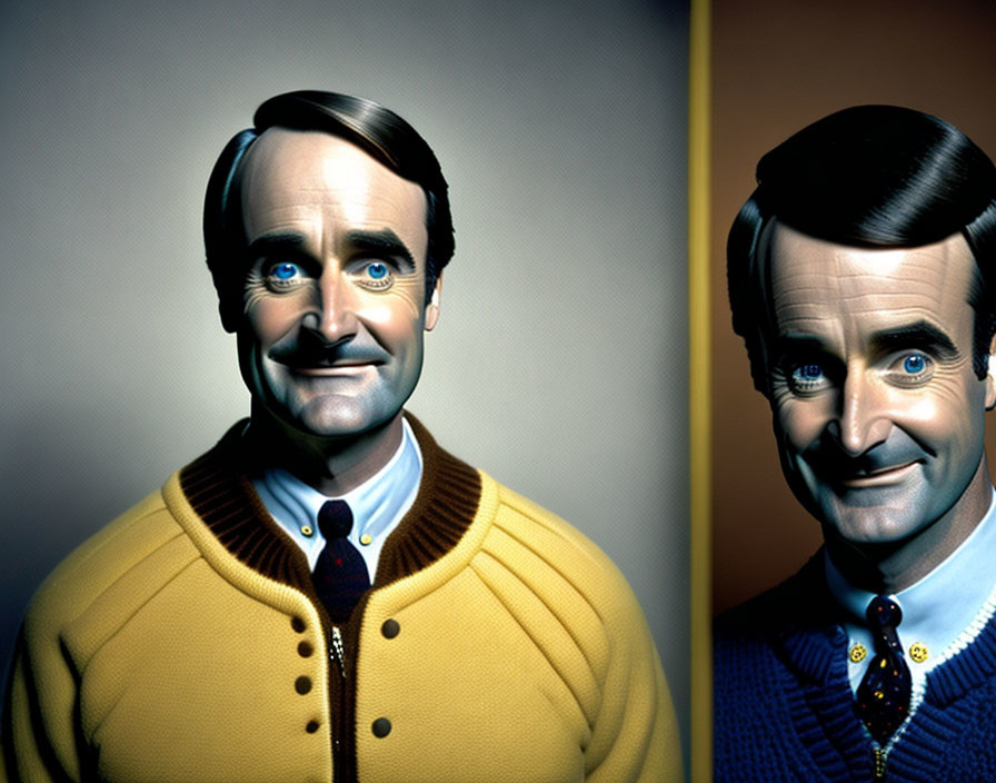 Smiling man in yellow cardigan on dual-toned background