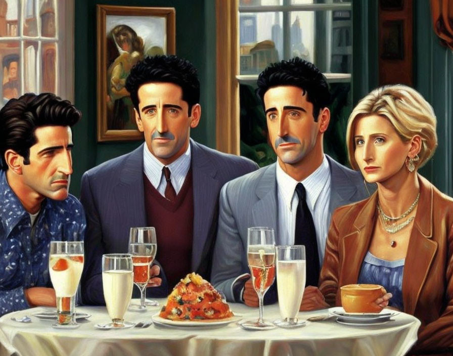 Realistic animated scene: Three adults at table with drinks and meal