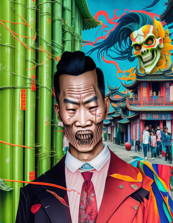 Man in suit with Asian dragon, bamboo background, face cracking to reveal skull.