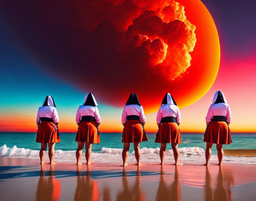 Five nuns on beach with oversized red planet at sunset