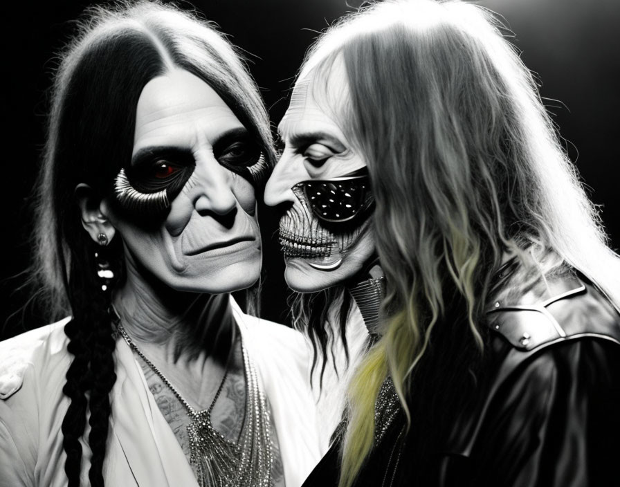 Two individuals in skull-inspired makeup, one in a black jacket with a braid, and the other