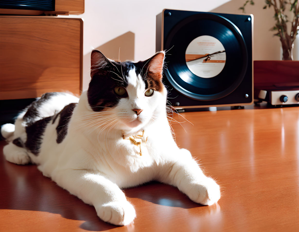 Black and White Cat with Yellow Eyes on Wooden Surface with Vintage Record Player and Speaker