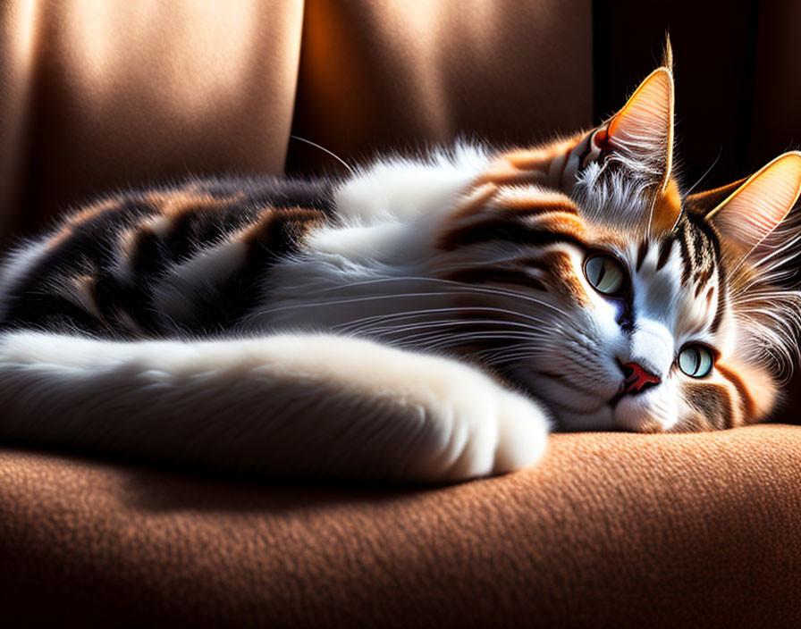 Striped cat with green eyes relaxing on brown sofa in sunlight.