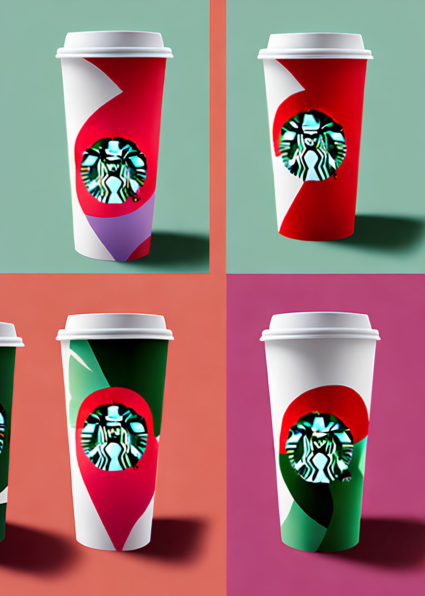 Colorful Holiday Starbucks Cups on Dual-toned Backgrounds