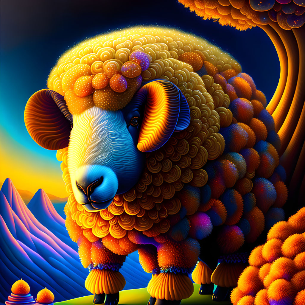 Colorful Illustration of Fluffy Sheep in Vibrant Landscape