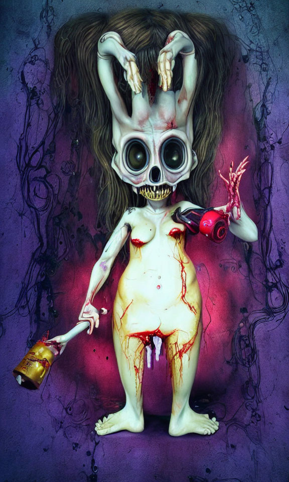 Grotesque creature with oversized skull holding doll and paintbrush on purple backdrop