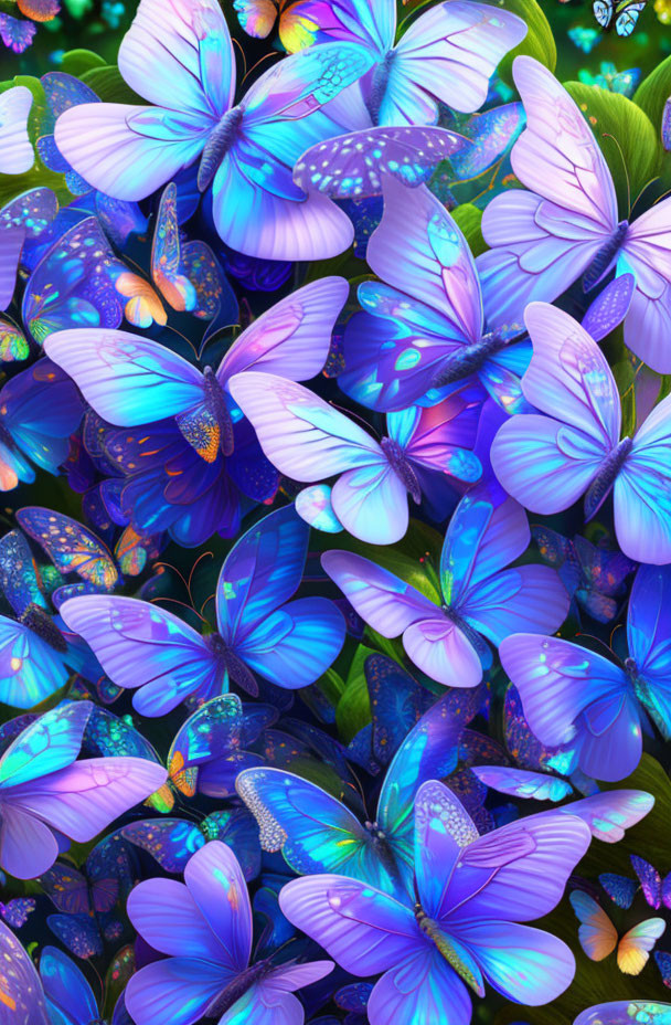 Colorful digital artwork of blue and purple butterflies on green background