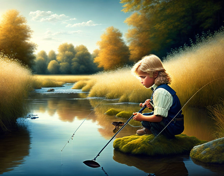 Child fishing on serene riverbank with lush surroundings