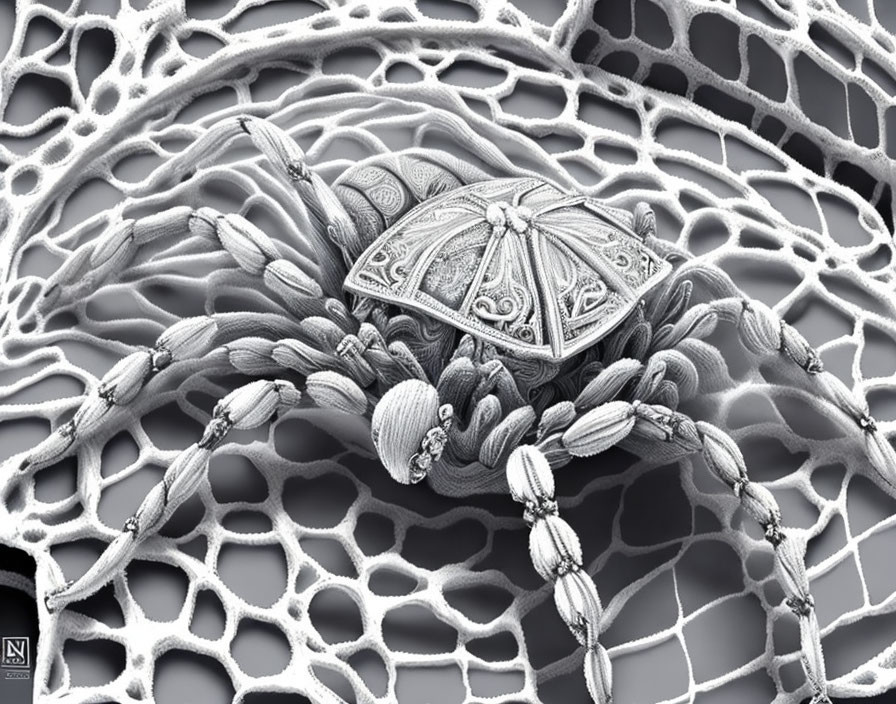 Detailed Spider Illustration with Ornate Back Patterns on Intricate Web