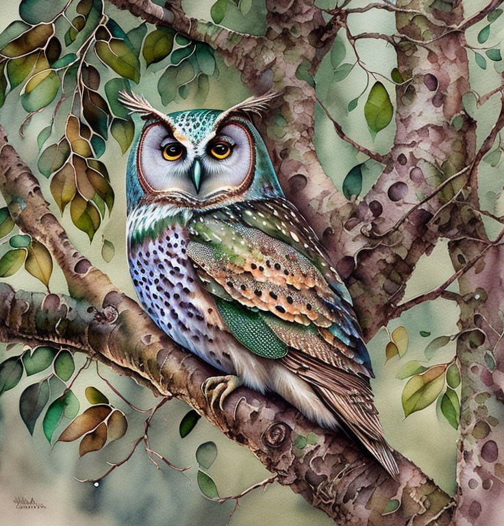 Colorful Owl Perched on Branch Among Green Leaves in Realistic Texture