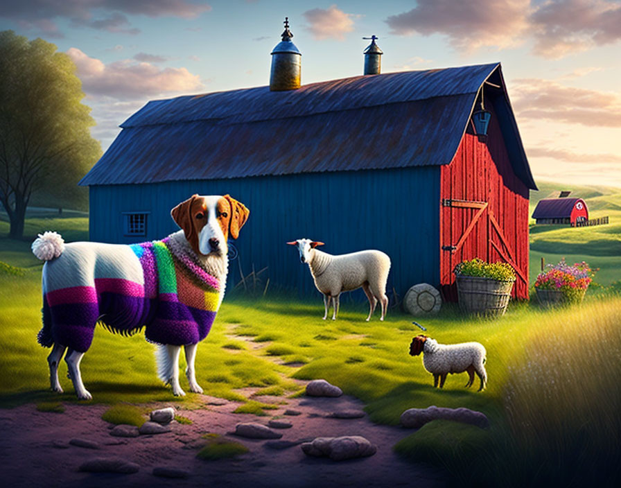 Colorful Sweater Dog Stands with Sheep by Red Barn at Dusk