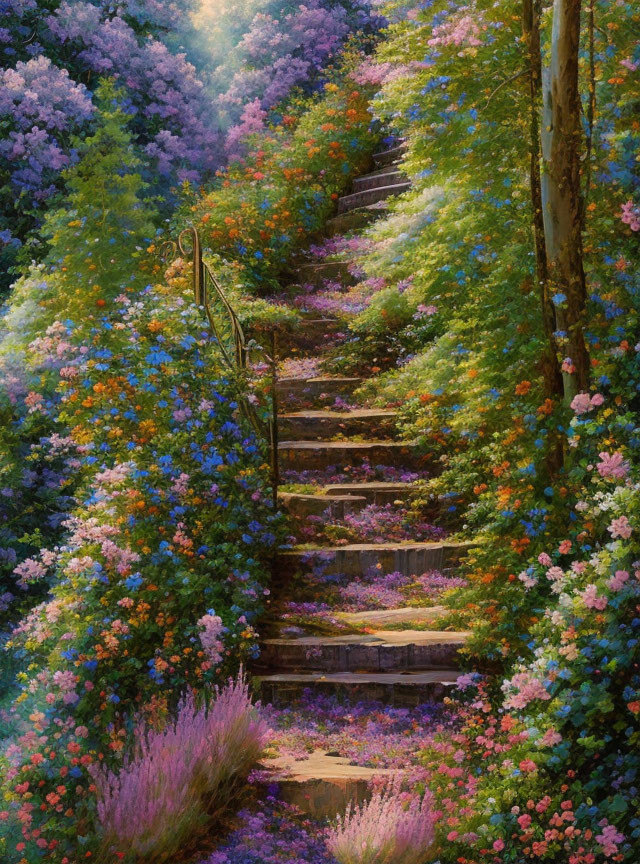 Lush Forest Stairway Flanked by Flowers