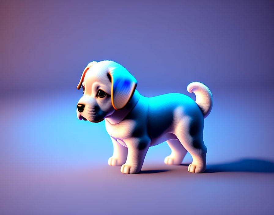 Cartoon puppy with eye patch in 3D rendering under soft purple light