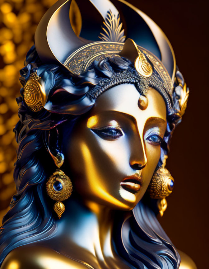 Sculpture with Golden and Blue Hues Featuring Figure in Ornate Headdress