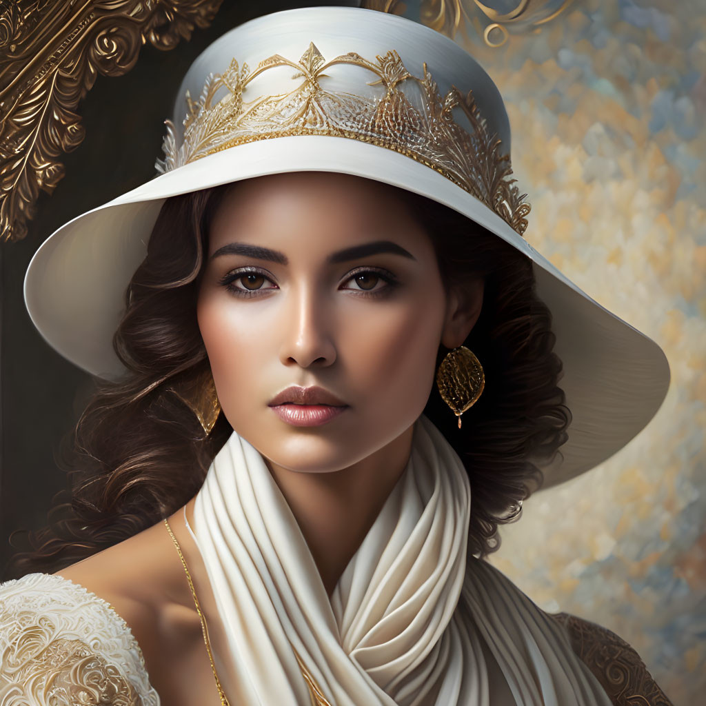 Stylish woman in wide-brimmed hat and gold earrings on golden backdrop