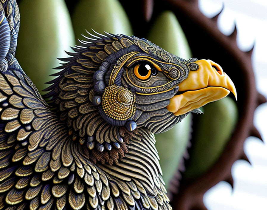 Detailed Eagle Head Sculpture with Vibrant Yellow Beak on Spiky Background