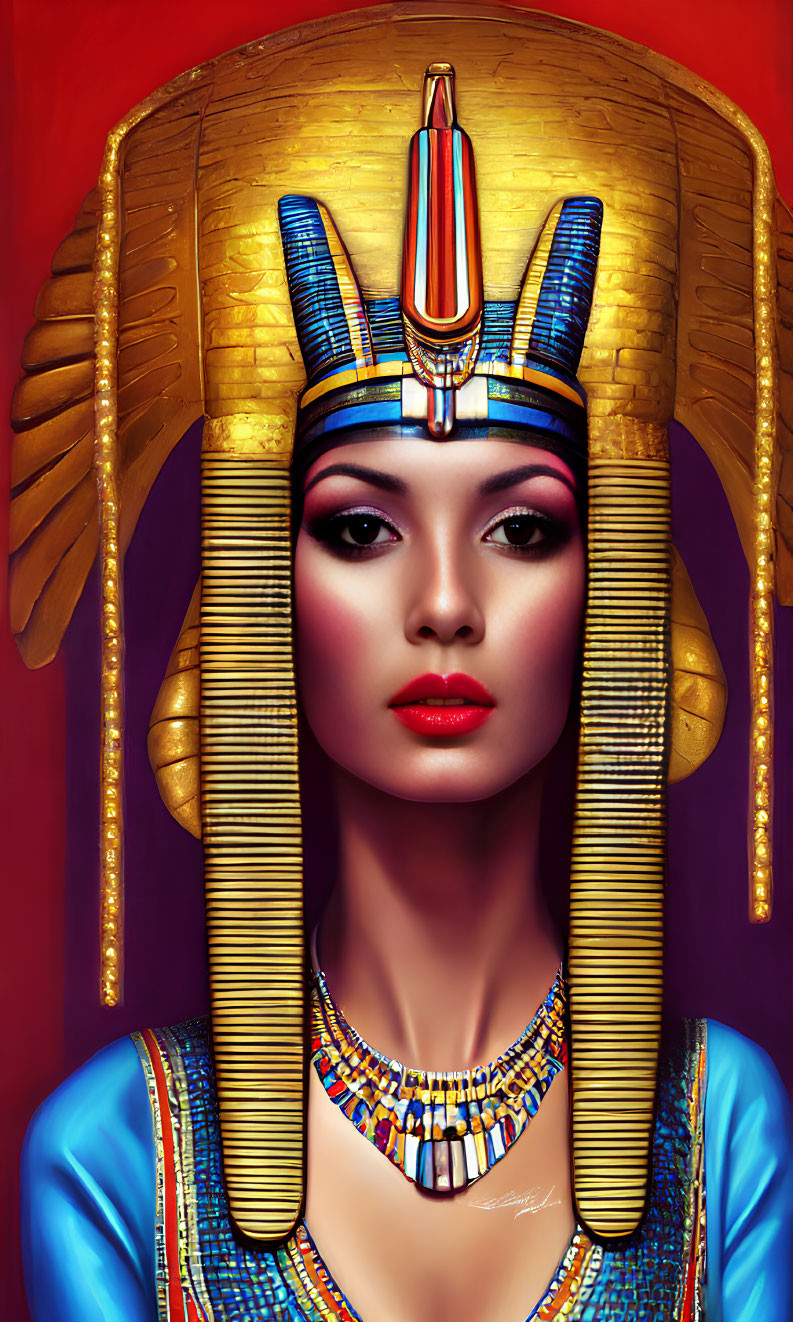 Colorful Ancient Egyptian Woman Portrait on Red Background