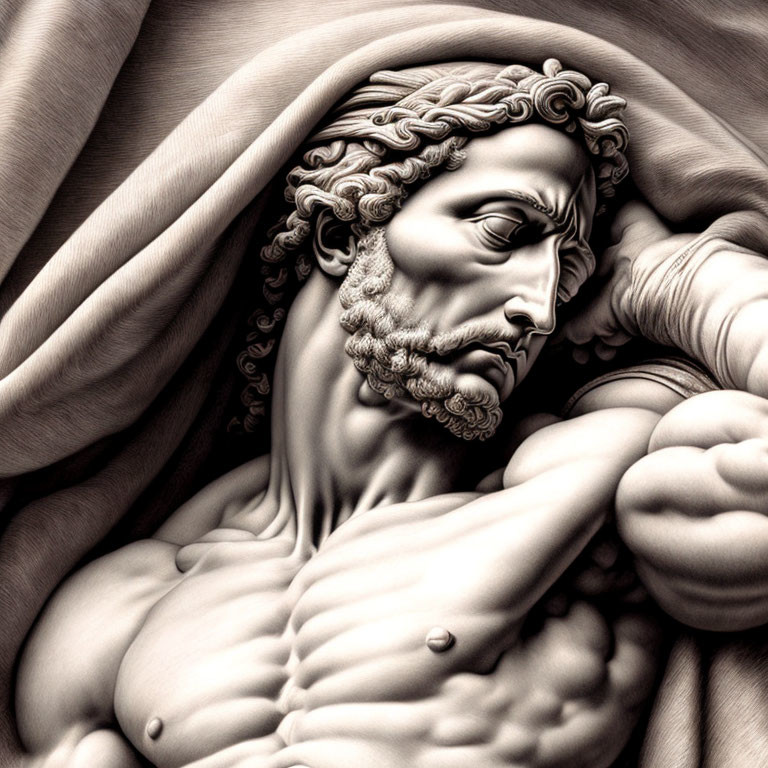 Monochrome digital art: Muscular male figure with beard in flowing cloth