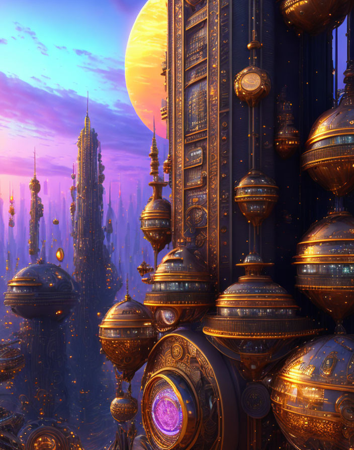 Fantastical cityscape with towering spires and floating orbs at sunset