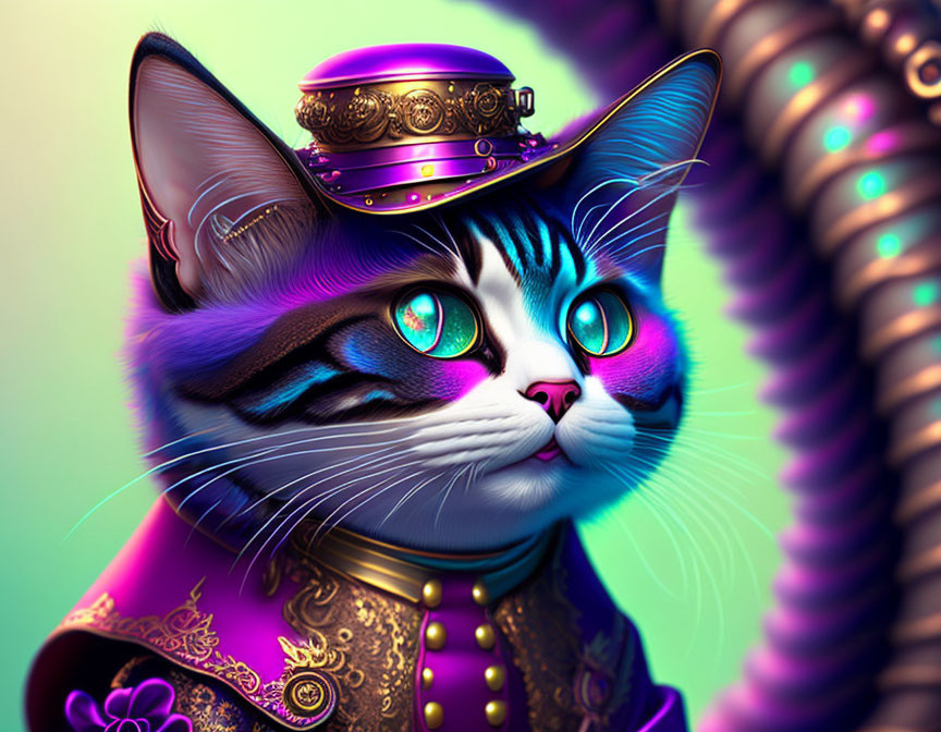 Vibrant digital art: Cat with blue stripes, purple jacket, brass hat, and staff