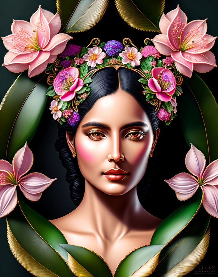 Detailed illustration of a woman with floral crown and luminous eyes