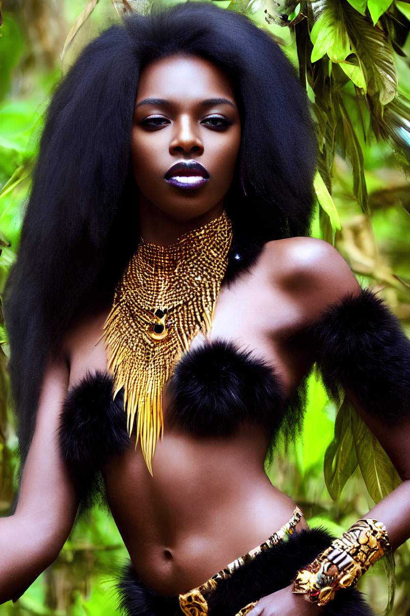 Woman with striking makeup, voluminous hair, gold jewelry, and fur against lush green backdrop