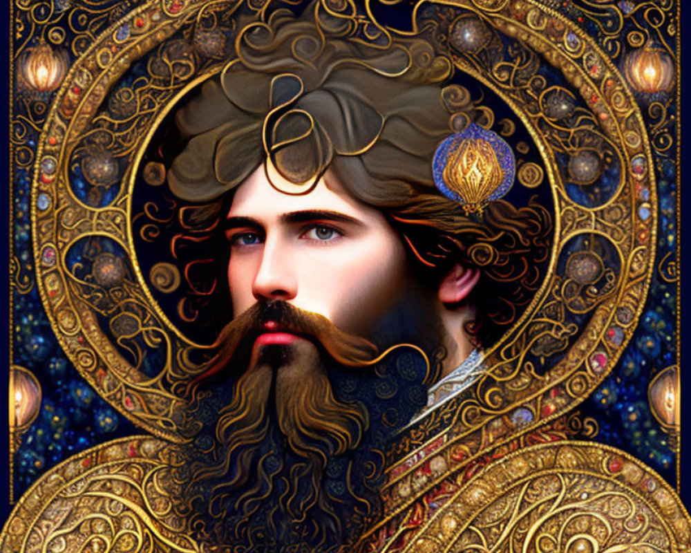 Ornate Portrait of Bearded Man on Decorative Background