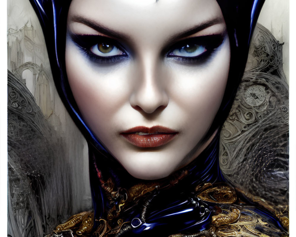 Digital Artwork: Woman with Blue Eyes in Black Headpiece and Golden Armor against Gothic Background