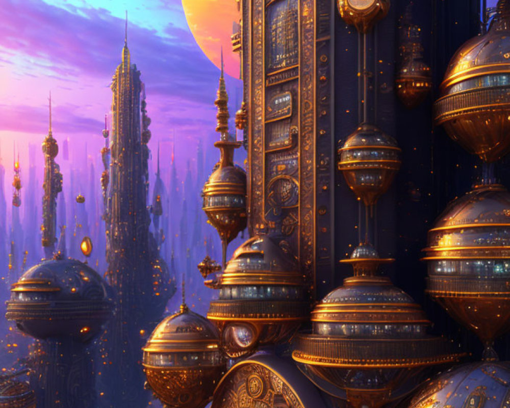 Fantastical cityscape with towering spires and floating orbs at sunset