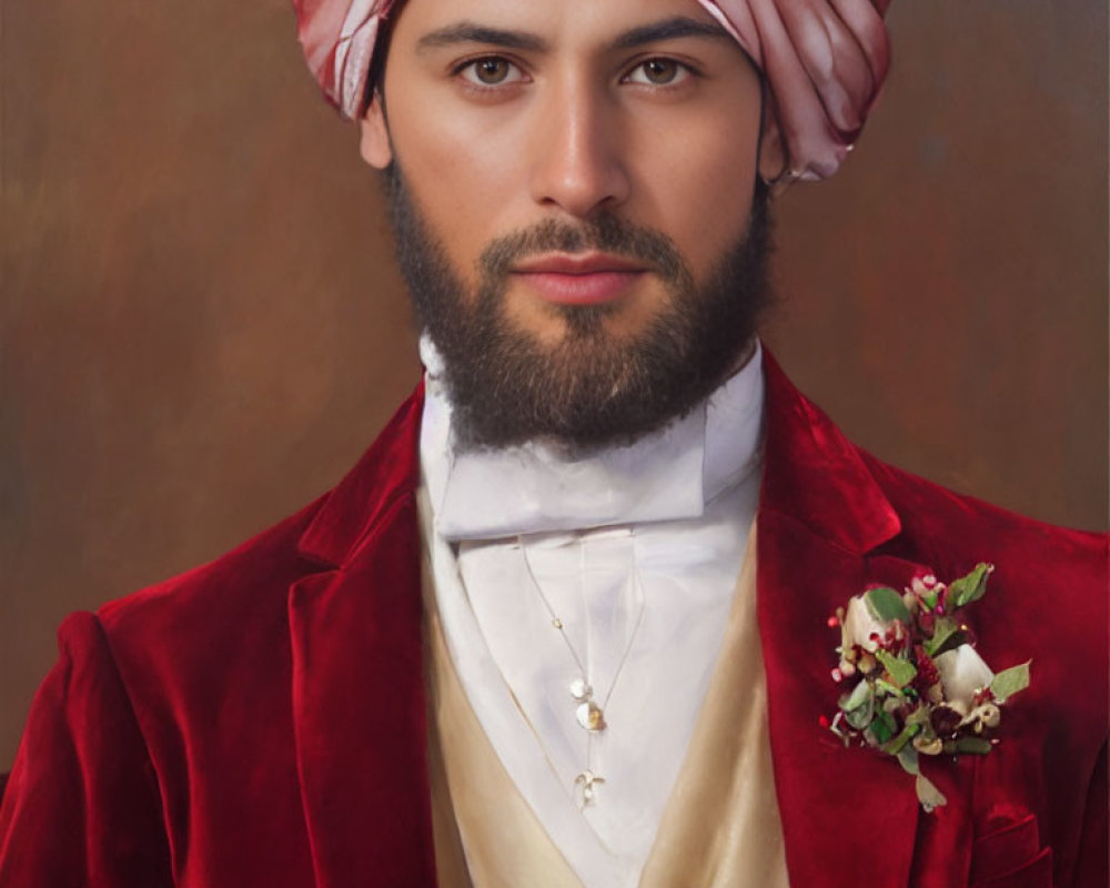 Man with Beard in Red Velvet Jacket & Turban Portrait