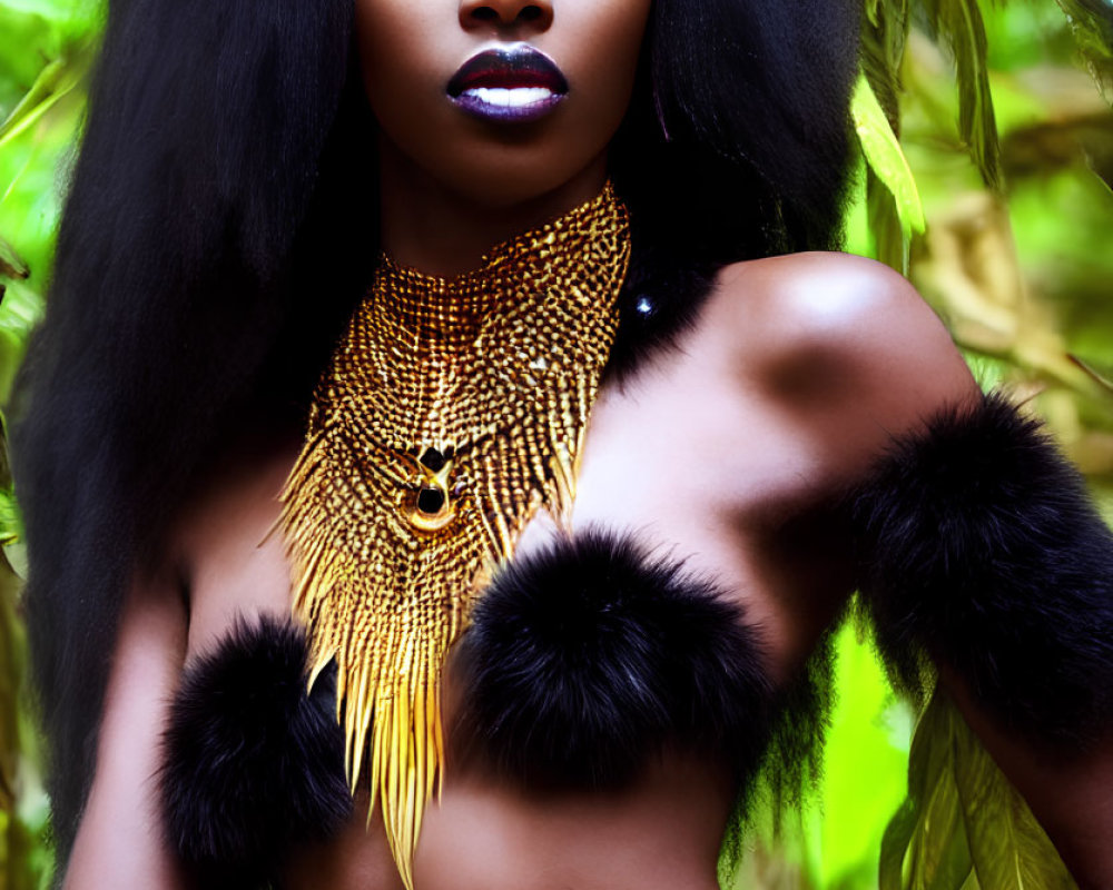 Woman with striking makeup, voluminous hair, gold jewelry, and fur against lush green backdrop