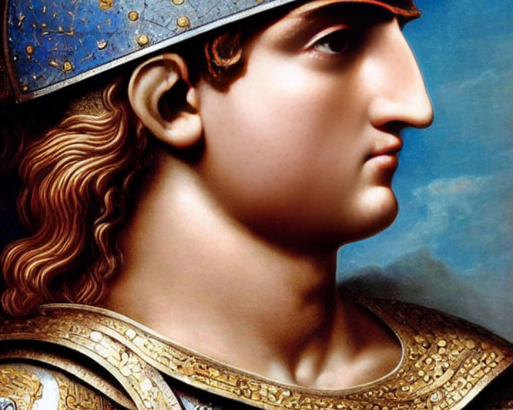 Digital artwork: Historical figure in profile with decorated helmet and ornate armor in blue and golden hues.