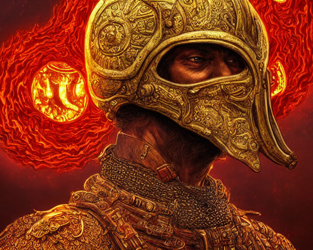 Person in Golden Helmet and Armor Against Fiery Swirling Backdrop