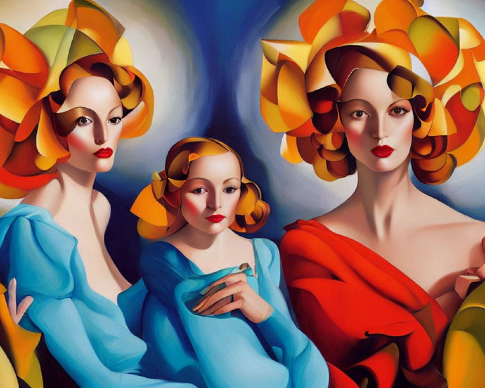 Vibrant painting of three stylized women with floral headpieces