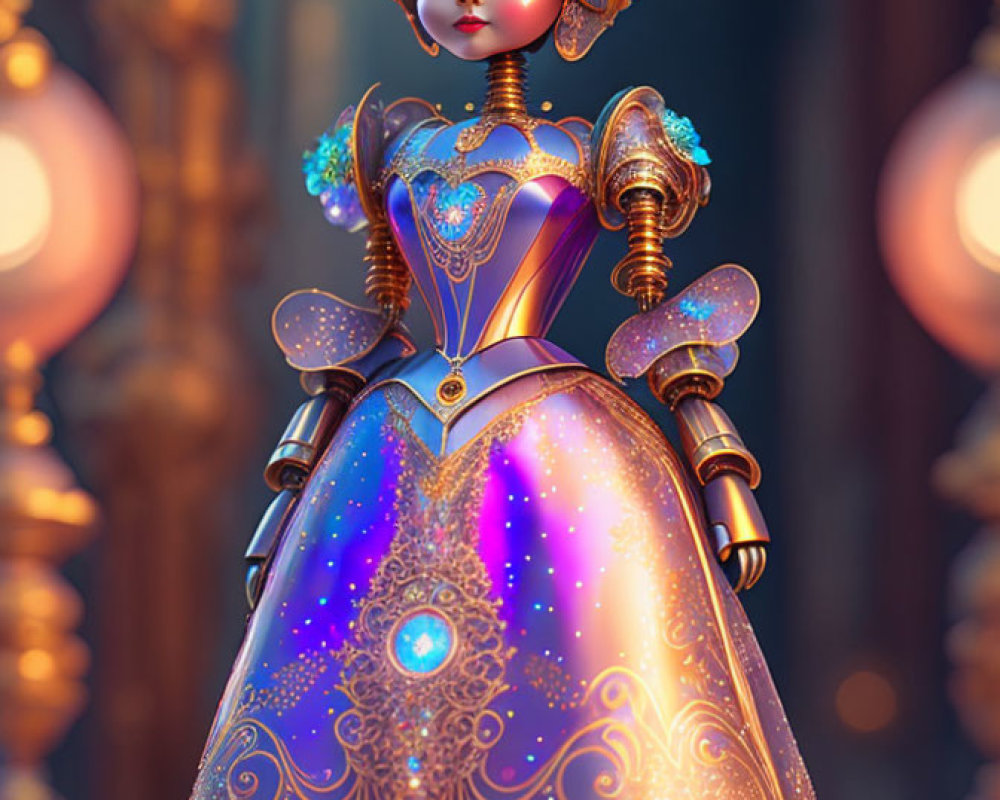 Detailed 3D illustration of robotic figure in cosmic dress