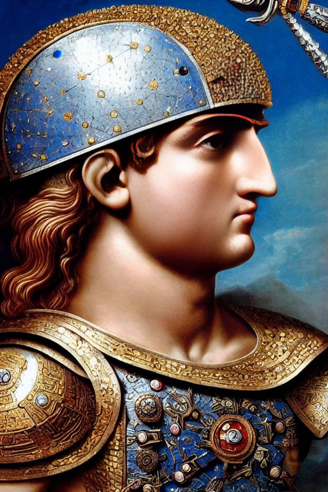 Digital artwork: Historical figure in profile with decorated helmet and ornate armor in blue and golden hues.